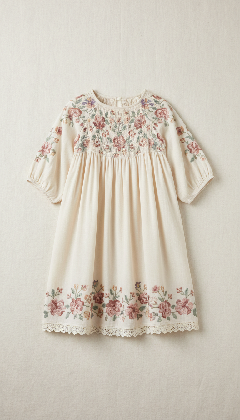 Handbesticktes Blumen-Smoke-Kleid