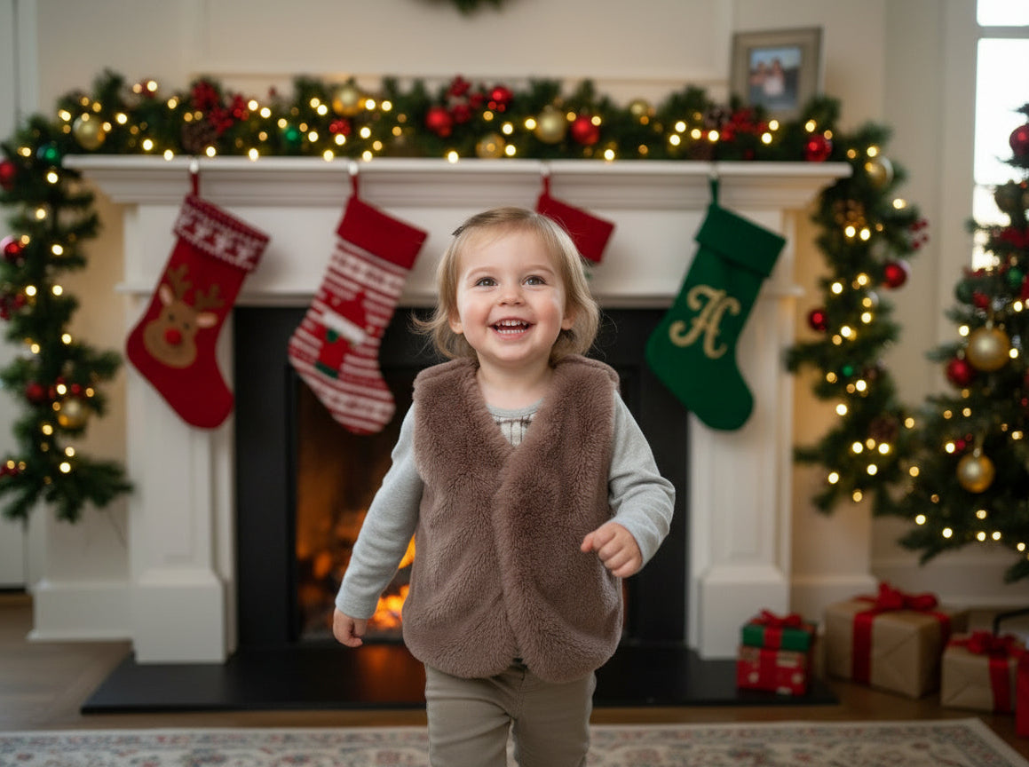 Bruin, harig vest voor kinderen.