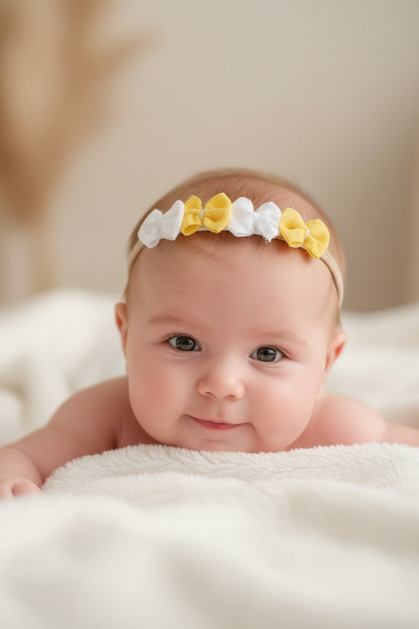 Haarband met witte en gele strik en parels