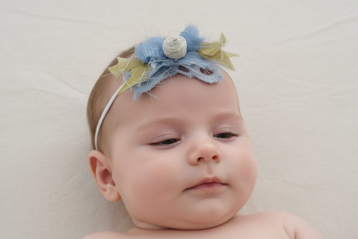 Haarband met bloemen in verschillende tinten blauw en een witte roos.