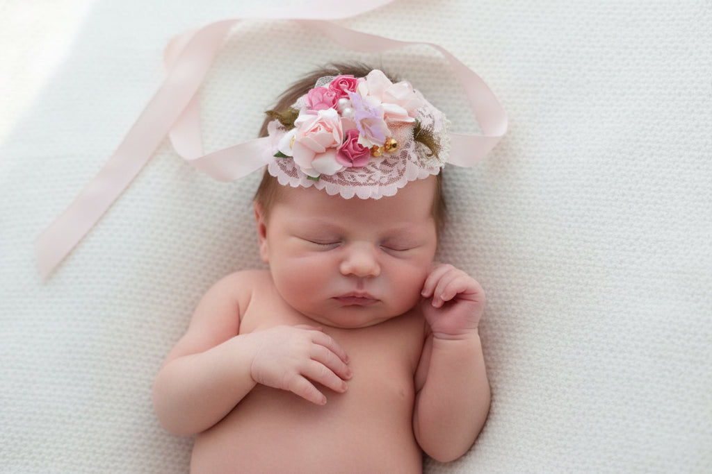 Haarband met bloemen in verschillende roze tinten