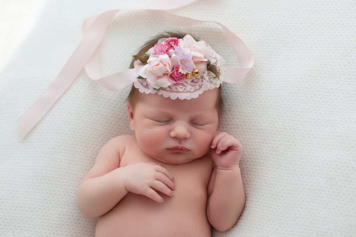 Haarband met bloemen in verschillende roze tinten