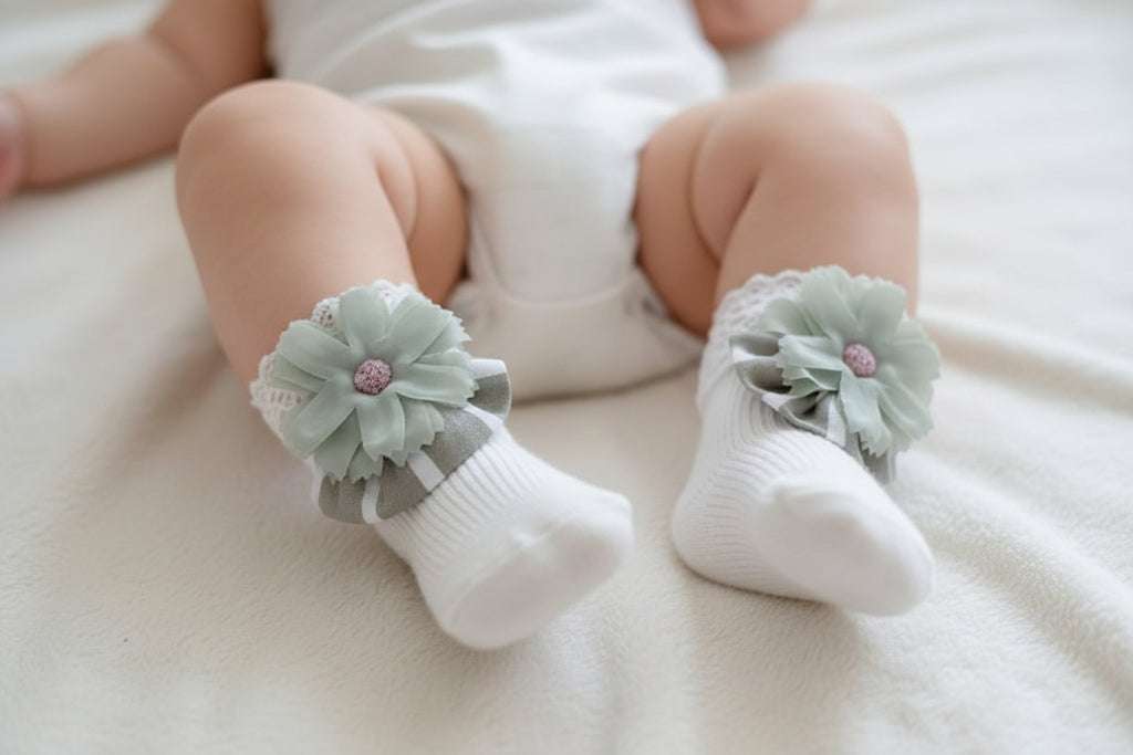 Set panties met witte en groene strepen en bloemen.