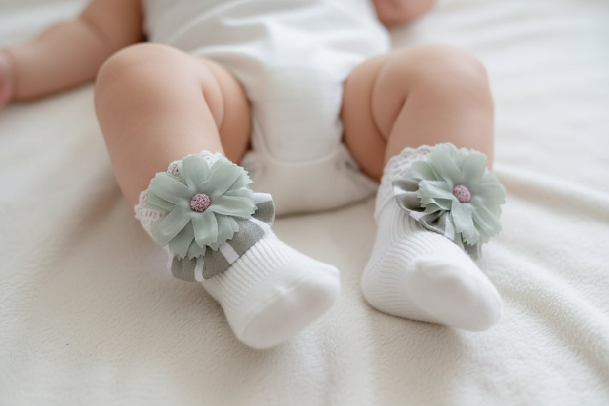 Set panties met witte en groene strepen en bloemen.