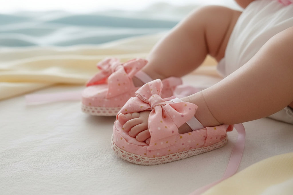Sandalen met roze lint.