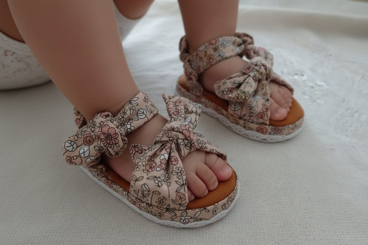 Perzikkleurige sandalen met witte bloemen