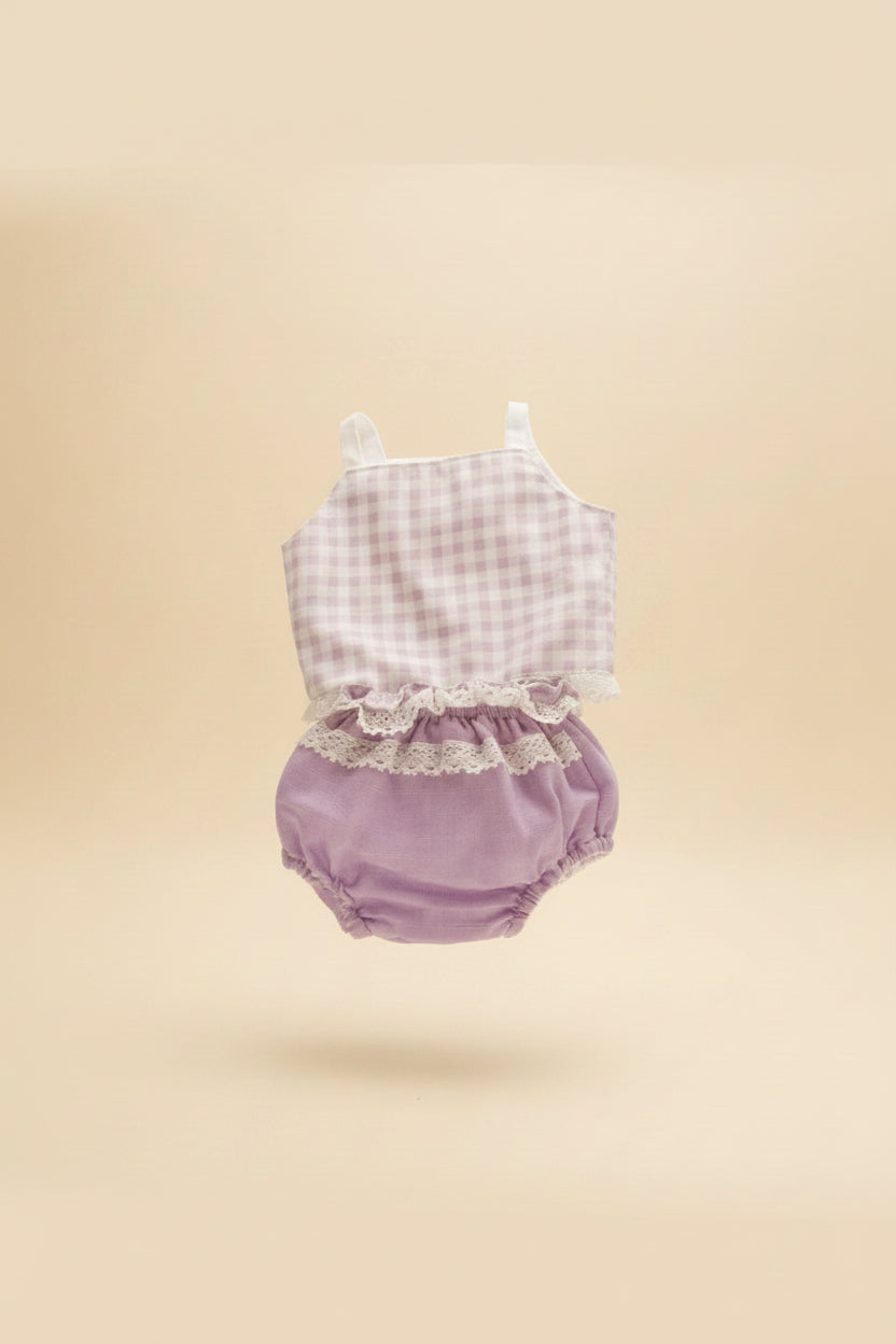 Babyset Vichy-top & paars broekje — 0-6 Maanden