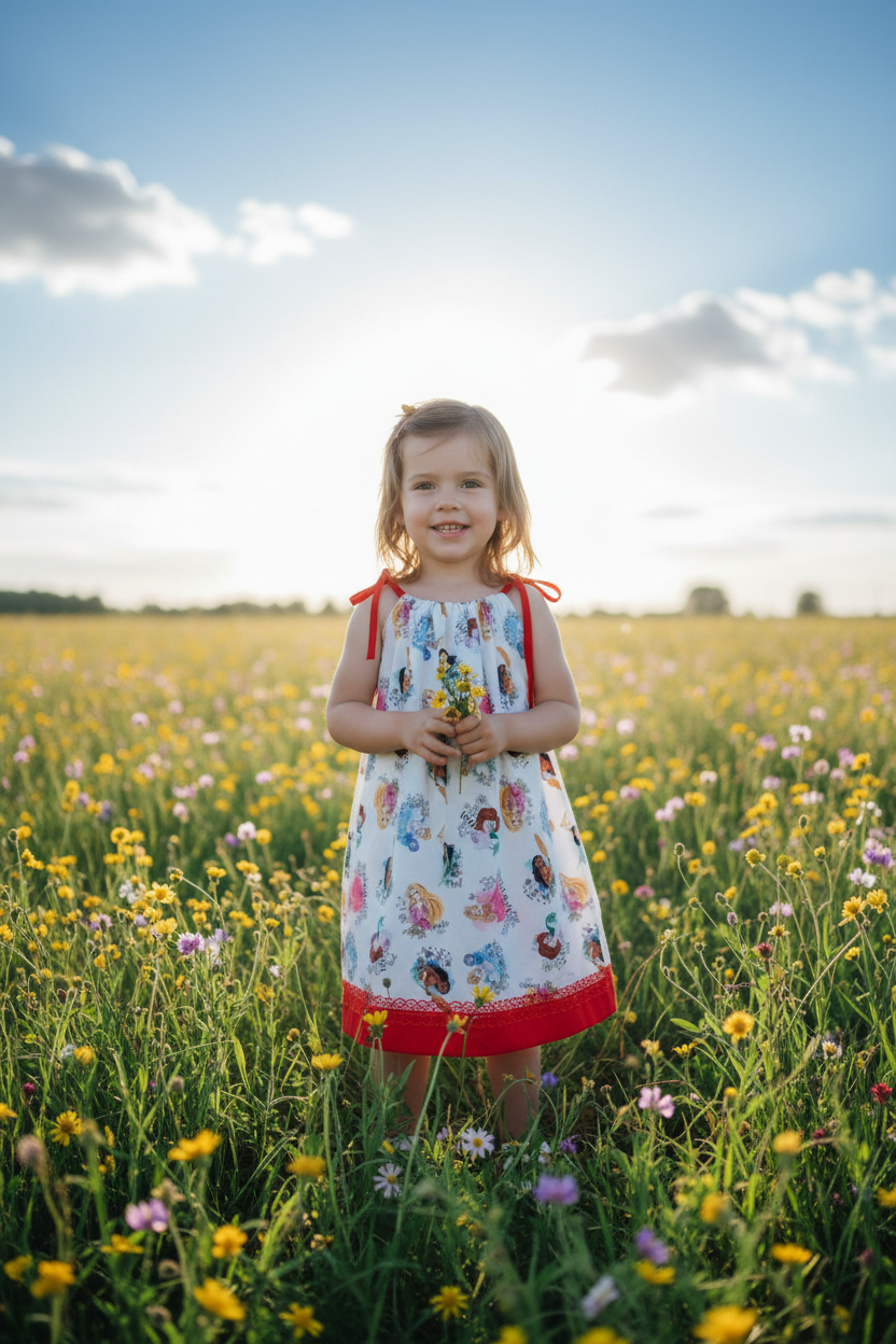 Prinsessenjurk met strikjes — meisje in bloemenveld