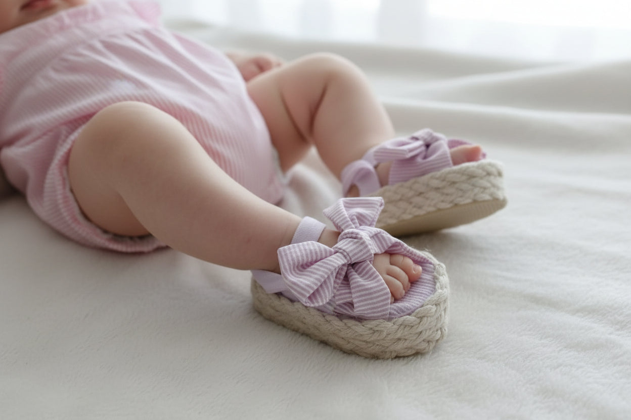 Sandalen met wit en lila gestreepte stof.