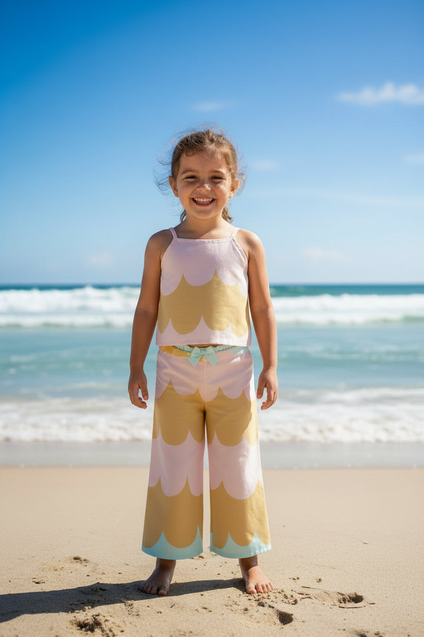 Meisjesset Top + Broek – Roze & Goud Golfprint