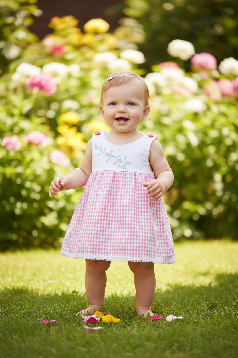 Bebé de pie vestido vichy rosa sin cuello