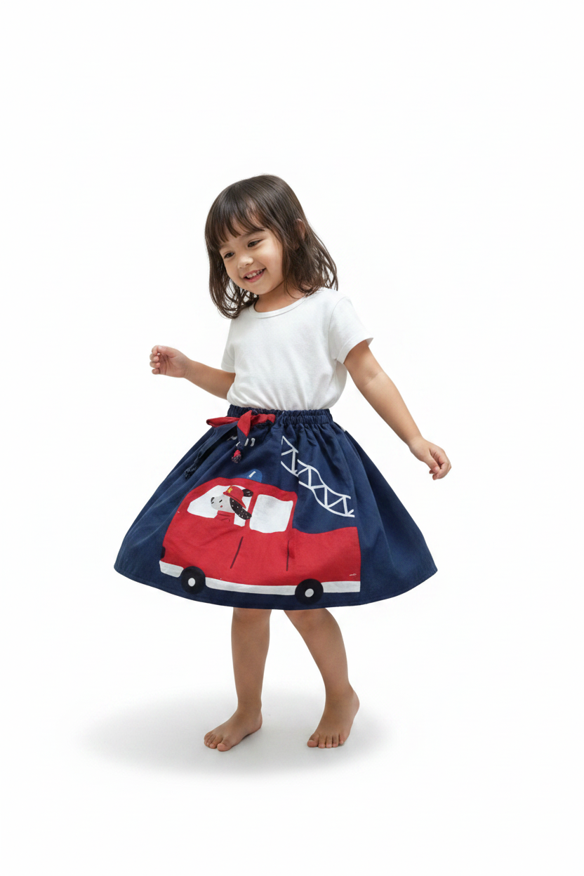 Meisjesrok met brandweerauto-applicatie — marineblauw viscose