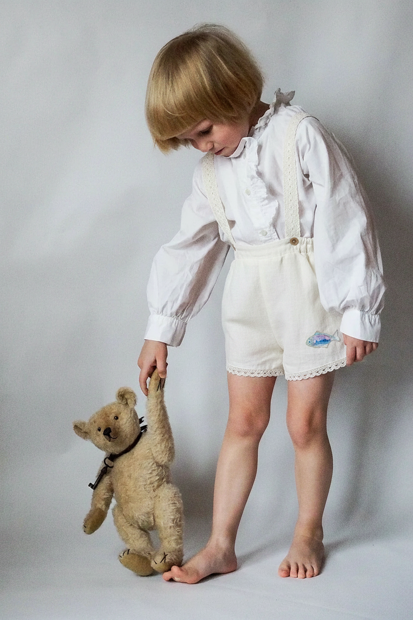 Linnen jumpsuit voor meisjes met kant en pailletten visje