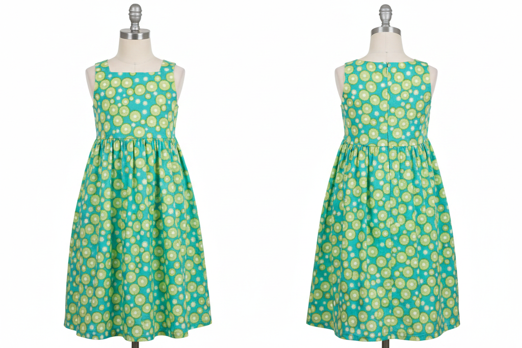 Jurk turquoise kiwi — voor en achterkant