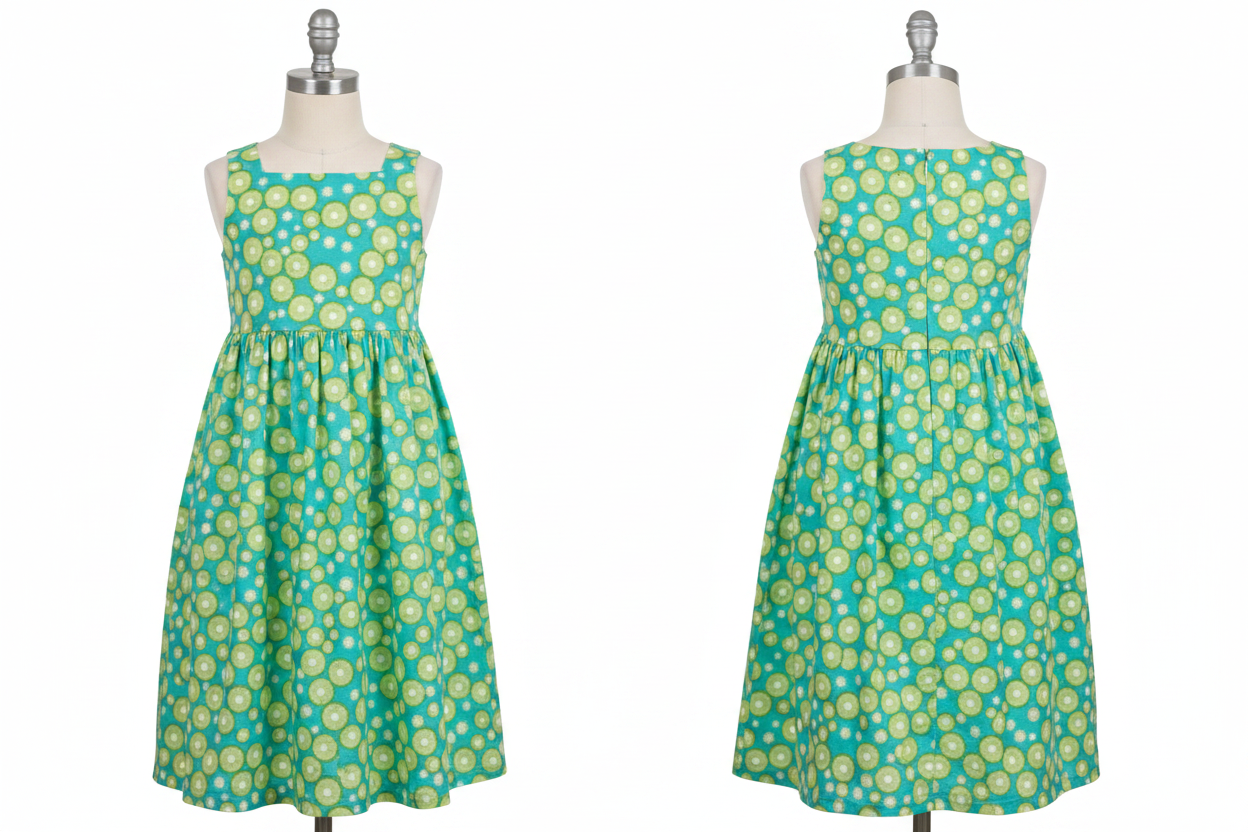Jurk turquoise kiwi — voor en achterkant