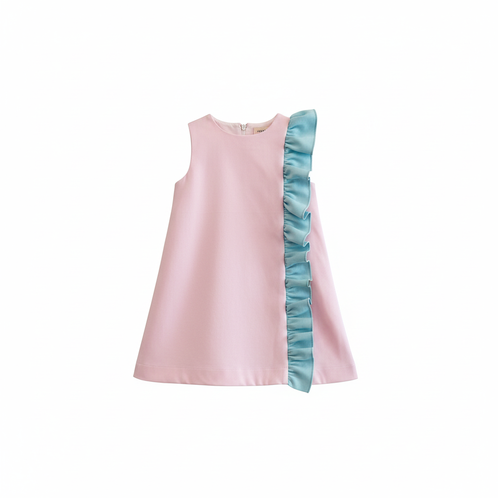 Roze jurk met blauwe ruche voor meisjes