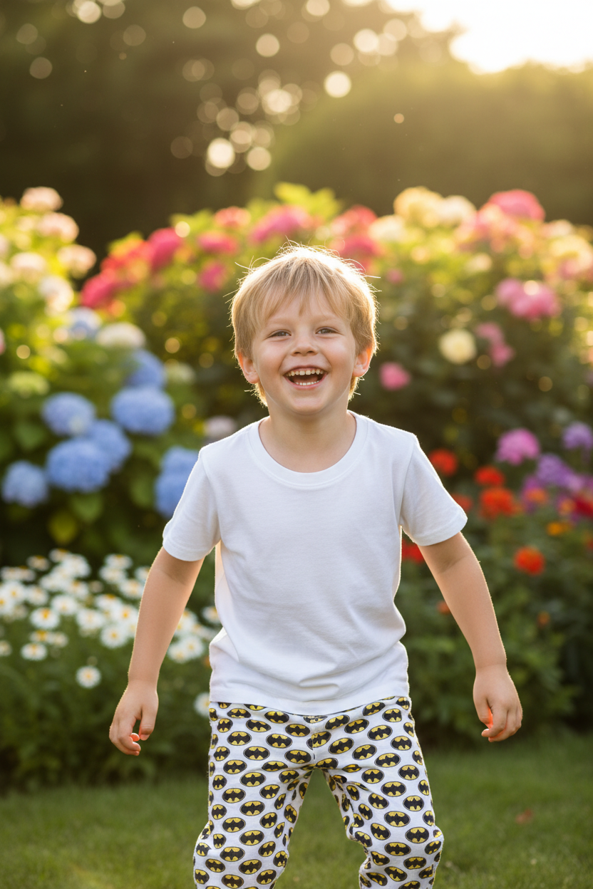 Niño Batman en jardín
