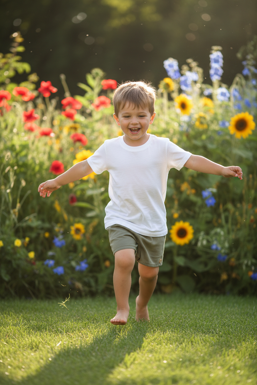 Niño short kaki en jardín