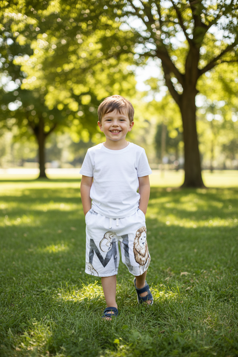 Niño short león blanco