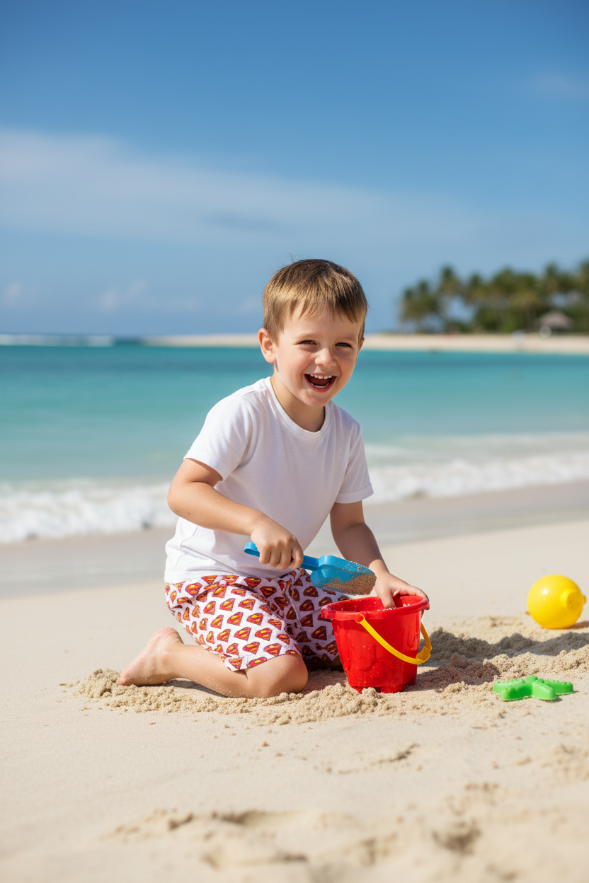 Niño Superman en playa