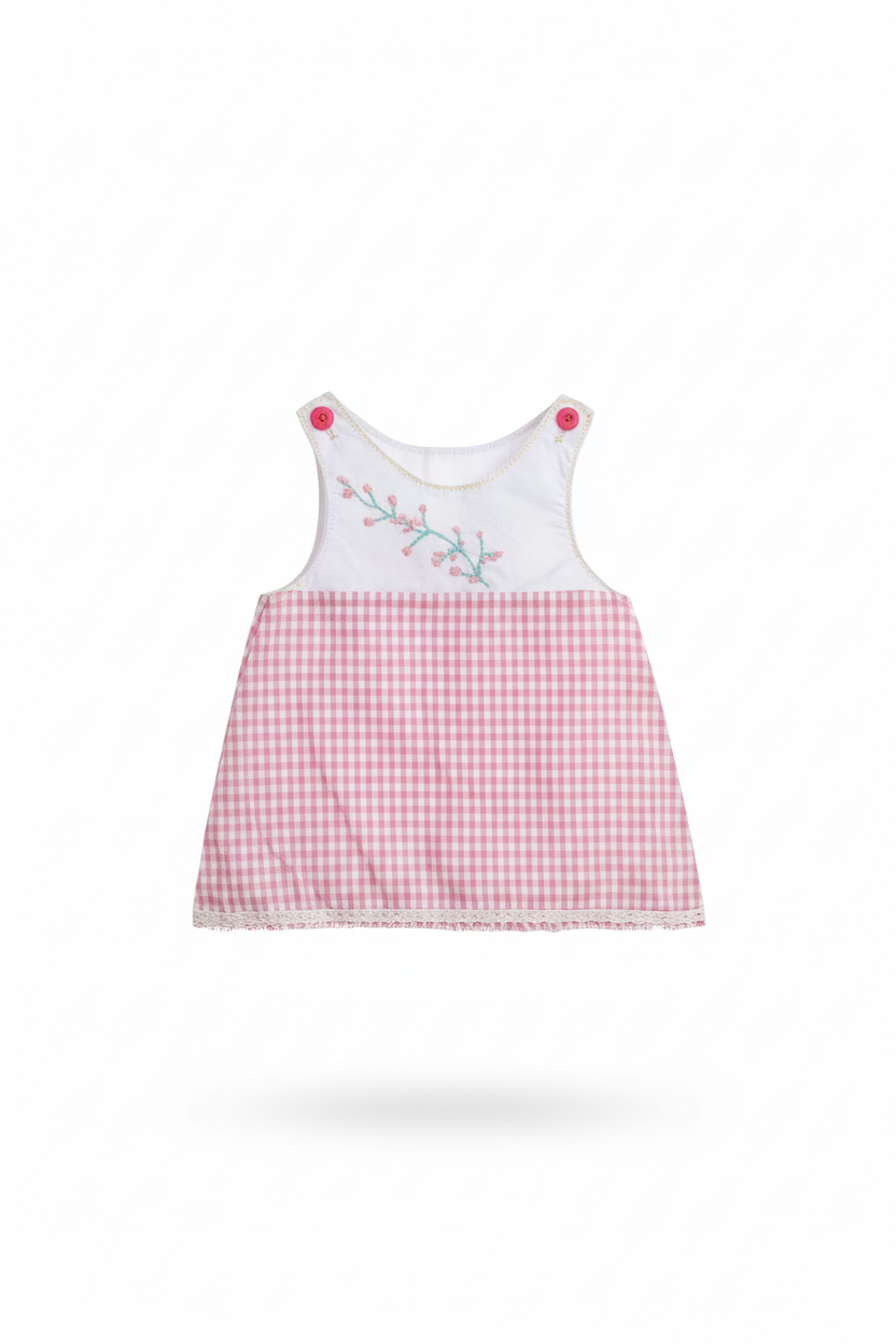 Vestido vichy rosa bordado